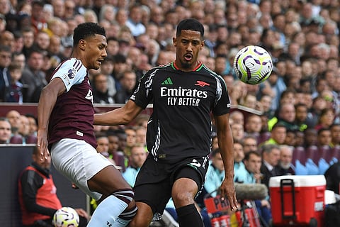 Premier League 2024-25: Aston Villa's Ollie Watkins, left, challenges for the ball with Arsenal's William Saliba